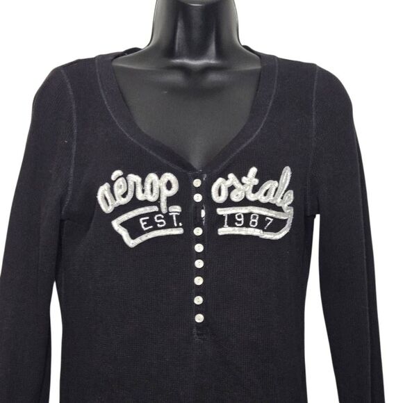 Vintage Y2K Aeropostale Waffle Long Sleeve Top Size Large 1/2 Button - Picture 2 of 4